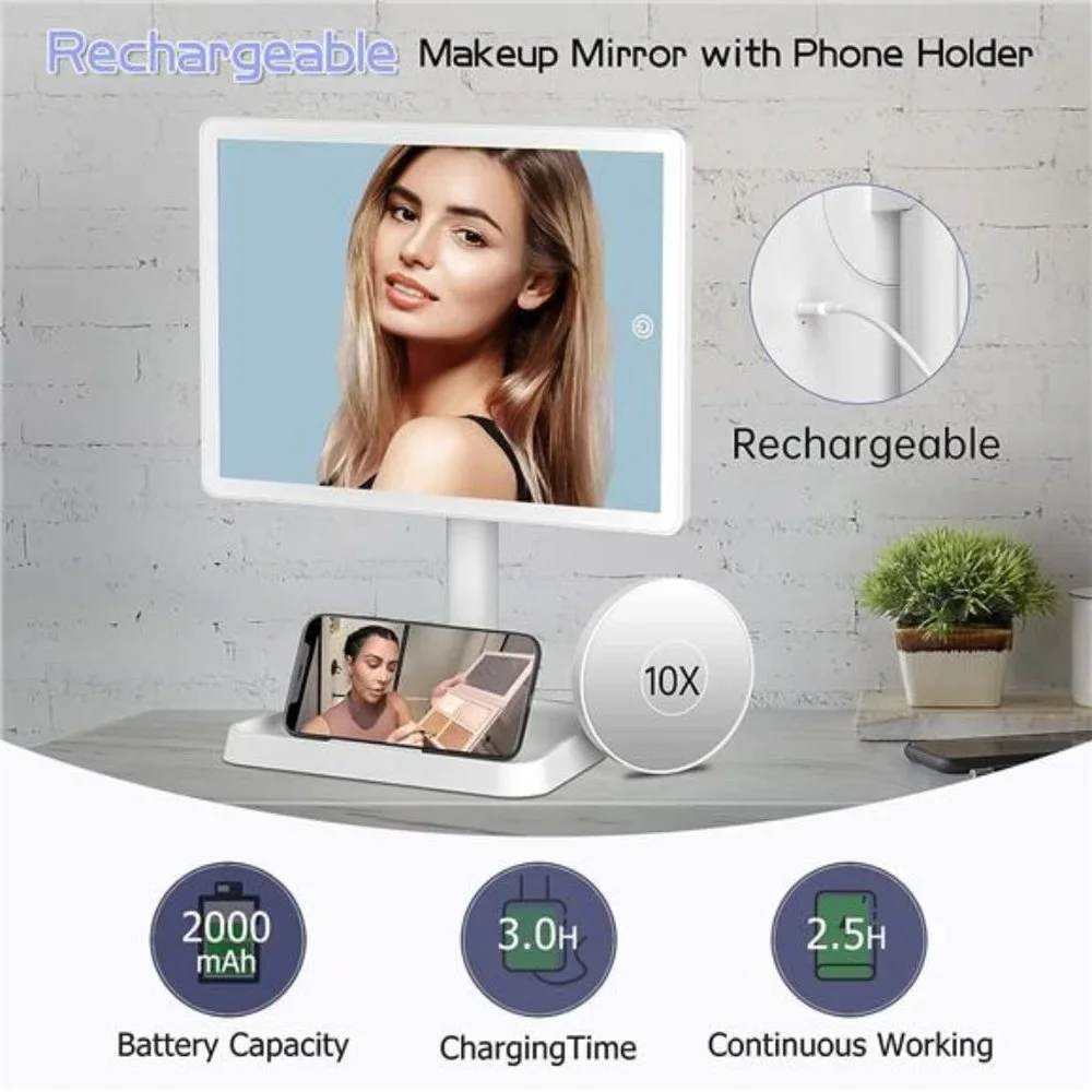 Rechargeable Makeup Mirror with Lights, 96 LED Lighted Makeup Vanity Mirror